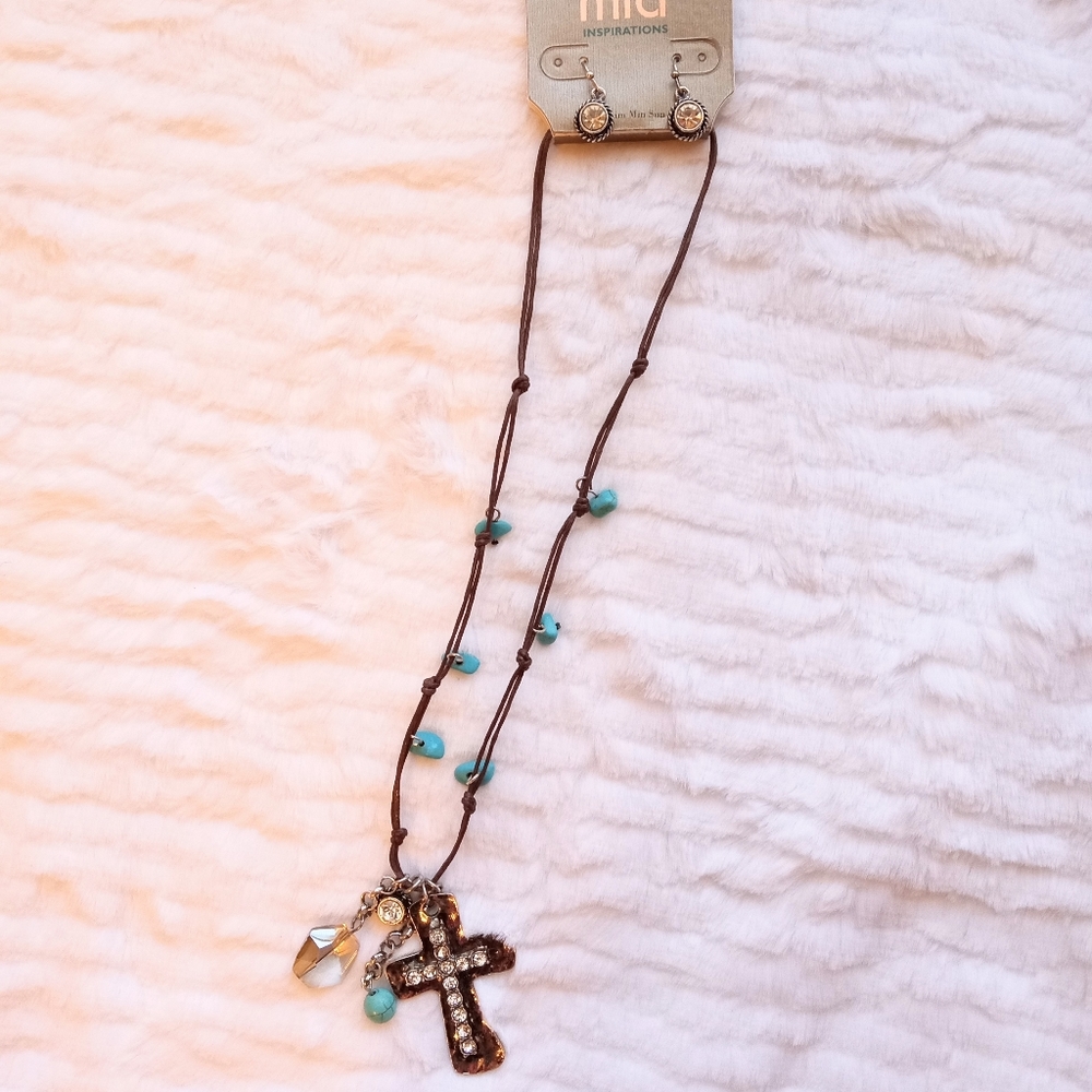 Mia inspirations cross encrusted rhinestones beaded necklace & earrings - Picture 1 of 3